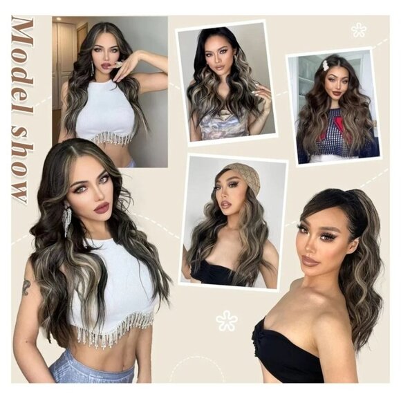 Vigorous Womens Clip-In Hair Extensions Black Mix Caramel 20 Inch Wavy Synthetic - Picture 3 of 7